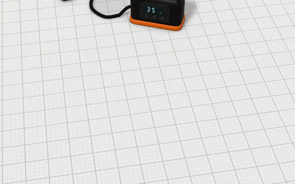 Illustration of the 5 AC to 12V adapters to scale, next to a 12 V tire inflator and a reel of LED strip for size
