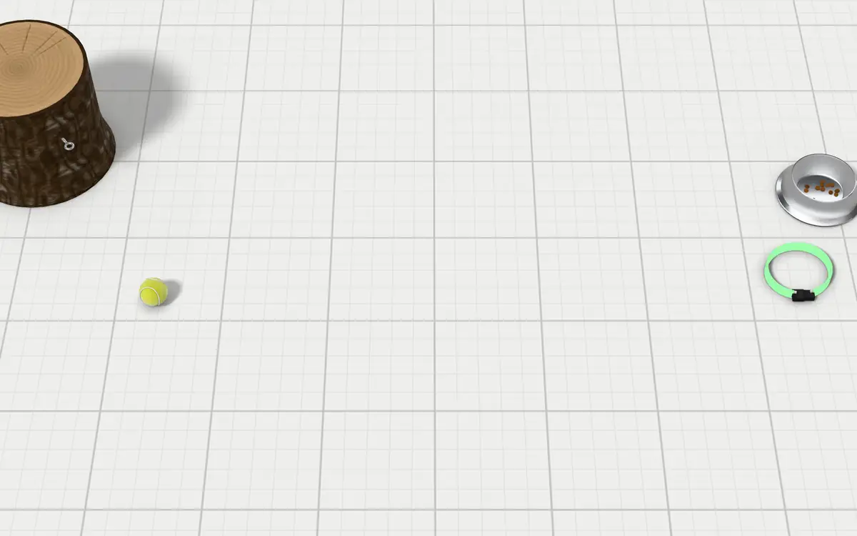 Illustration of the 5 aerial dog run kits to scale, next to a tree stump, a dog bowl, a tennis ball and a light-up dog collar for size
