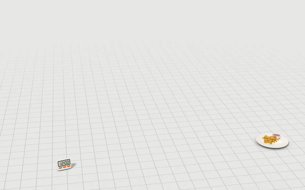 Illustration of the 5 air fryers to scale, next to a kitchen timer and a plate of fries for size