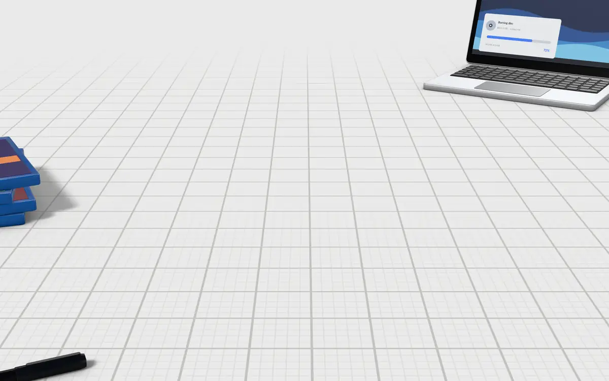 Illustration of the 5 BD-R disc packs to scale, next to a laptop burning a disc, a slim Blu-ray writer, Blu-ray cases and a disc marker for size