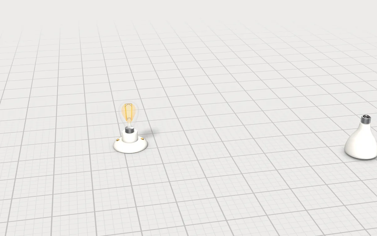 Illustration of the 5 bulb changers to scale, next to a flickering filament bulb in a porcelain holder and spare bulbs for size