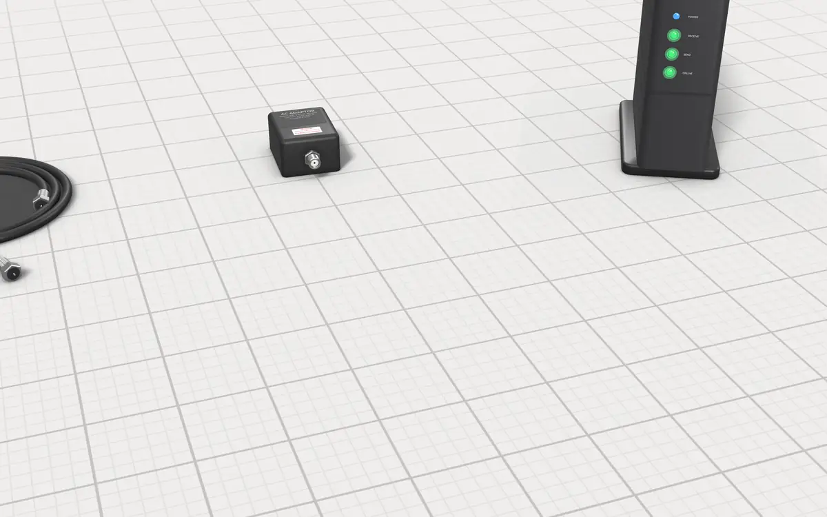 Illustration of the 5 cable amplifiers to scale, next to a cable modem, a coax cable and a power adapter for size