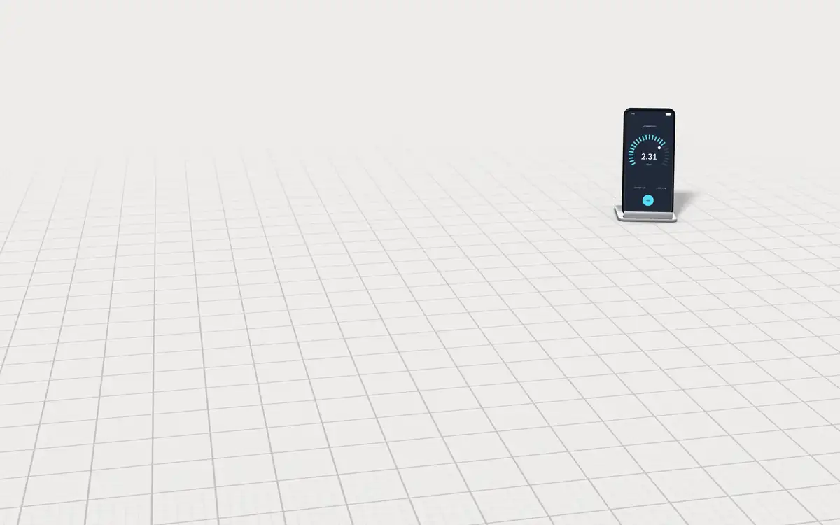 Illustration of the 5 cable modems to scale, next to a phone running an internet speed test for size