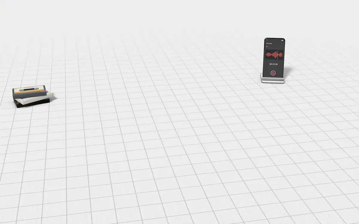 Illustration of the 5 cassette to MP3 converters to scale, next to a phone recording a tape and a stack of cassettes for size