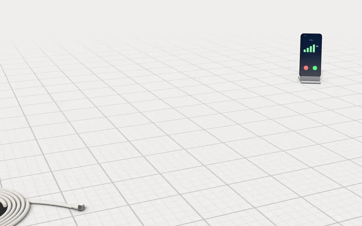 Illustration of the 5 cell phone signal boosters to scale, next to a smartphone on a stand and a coil of coax cable for size
