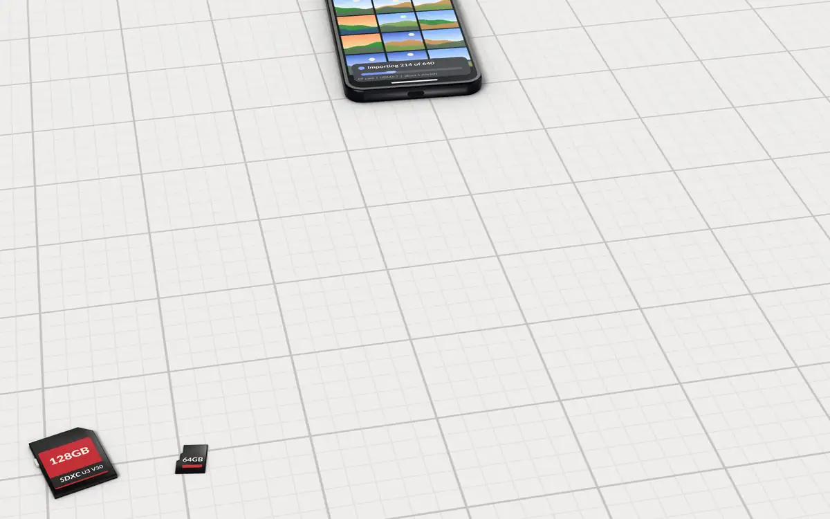 Illustration of the 5 CompactFlash card readers to scale, next to a phone importing photos from a CF card, and loose SD and microSD cards for size