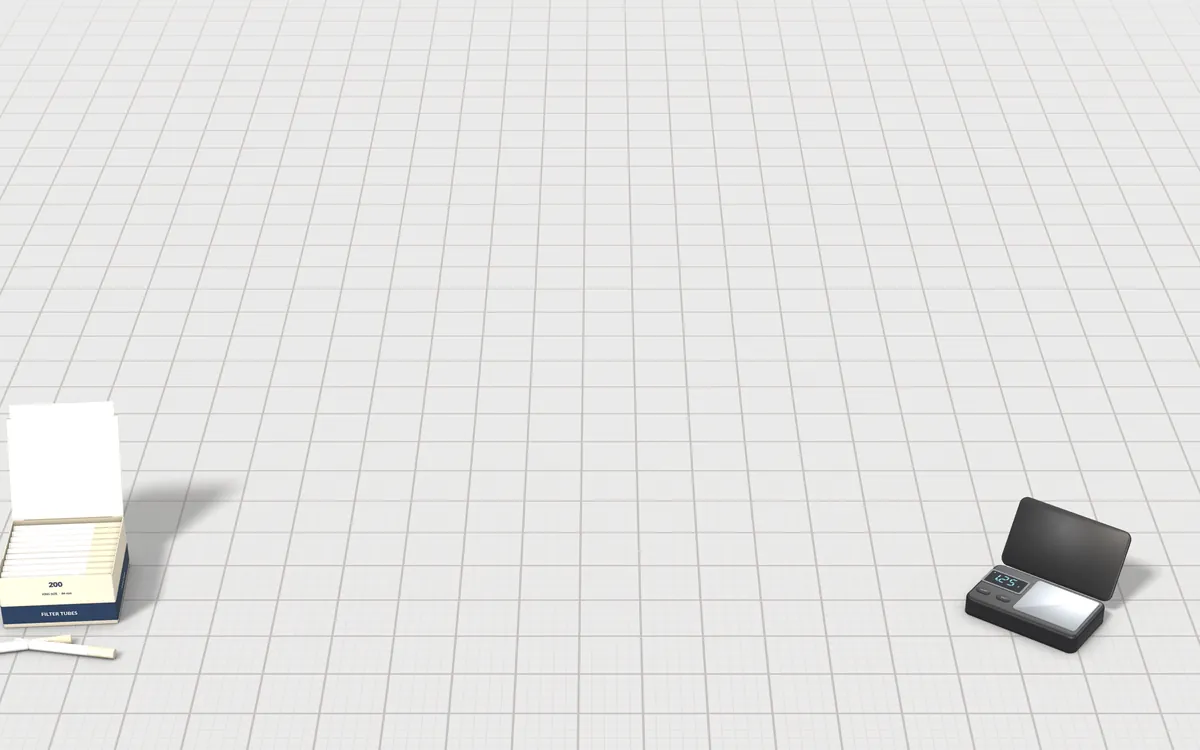 Illustration of the 5 cigarette rolling machines to scale, next to a carton of empty filter tubes, a pocket scale and a tin for size