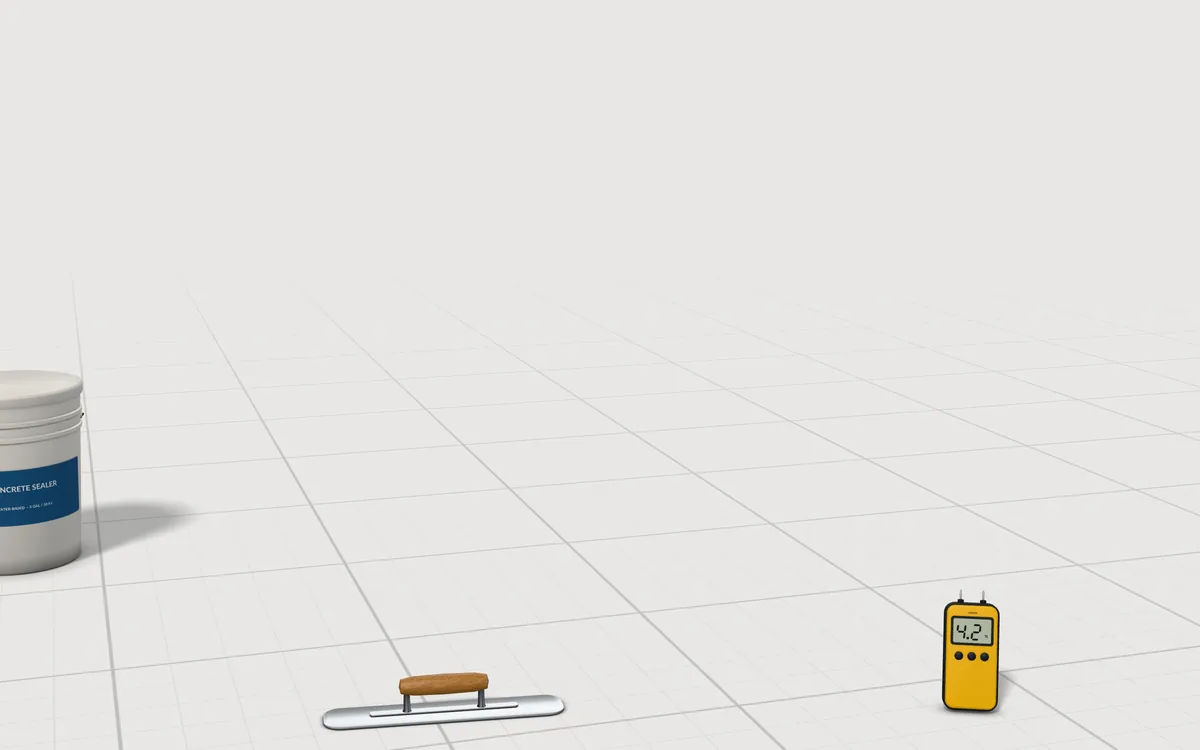 Illustration of the 5 concrete sprayers to scale, next to a concrete moisture meter, a hand float, and a sealer pail for size