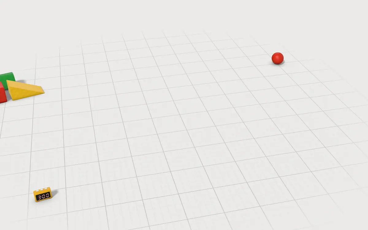 Illustration of the 5 kids' crash pads to scale, next to a classroom countdown timer, soft-play foam blocks and a playground ball for size