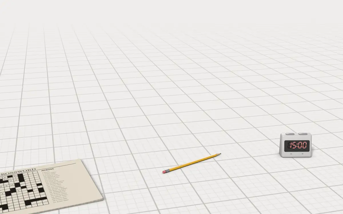 Illustration of the 5 crossword puzzle dictionaries to scale, next to a folded newspaper crossword, a pencil and a solving timer for size