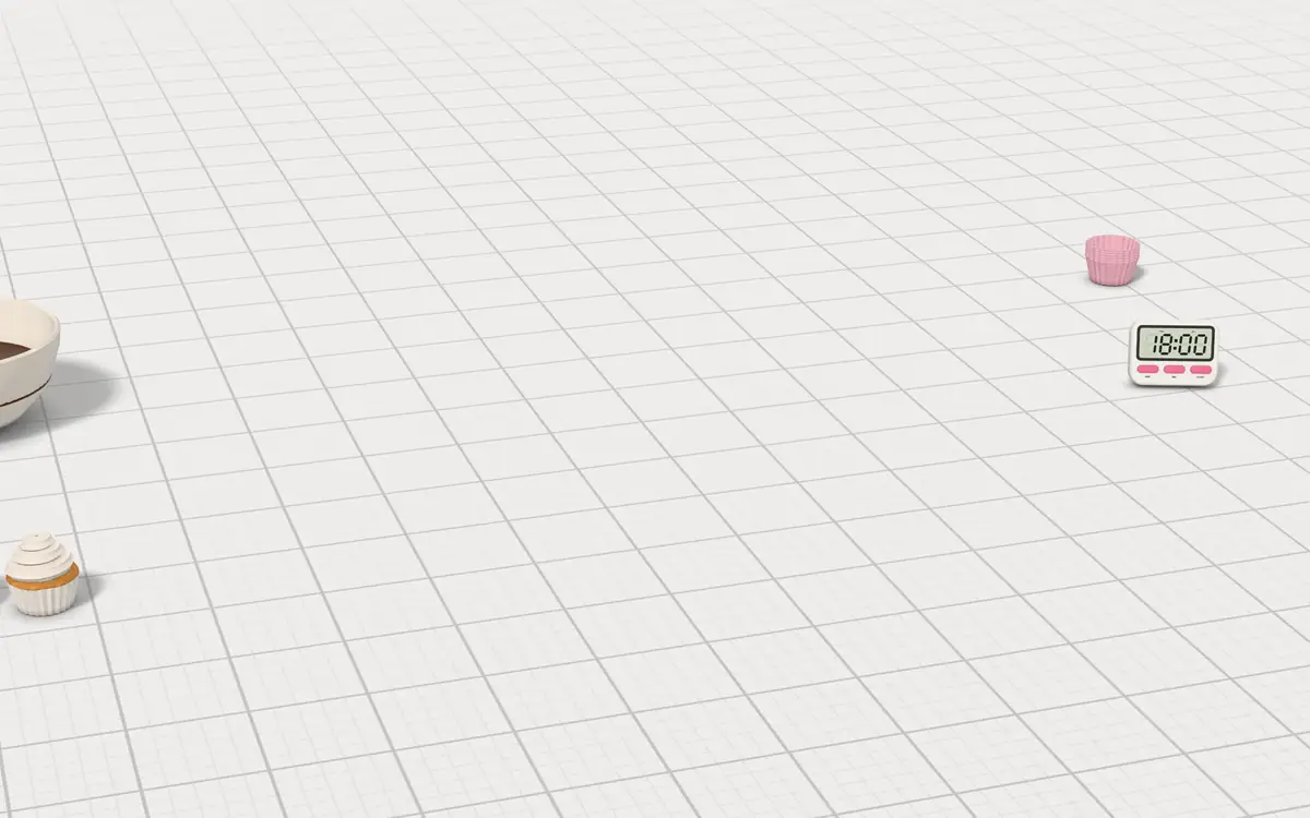Illustration of the 5 cupcake makers to scale, next to a kitchen timer, frosted cupcakes, a mixing bowl with a whisk and paper cupcake liners for size