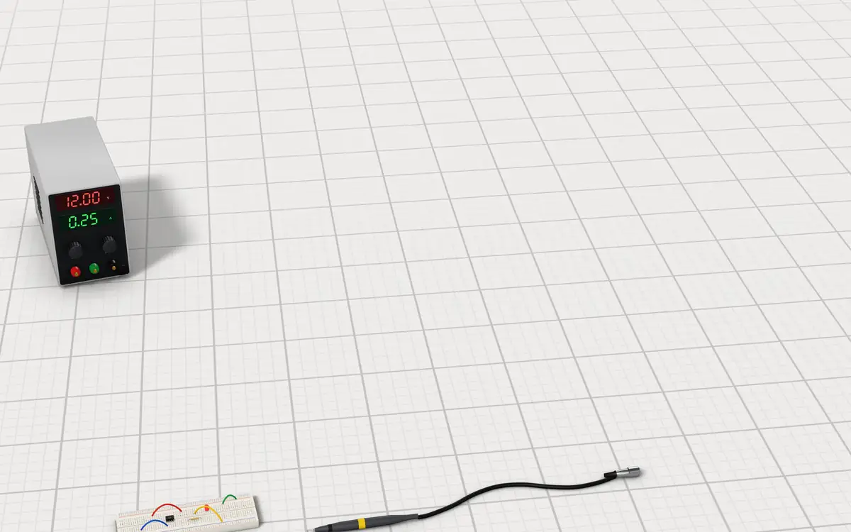 Illustration of the 5 oscilloscopes to scale, next to a bench power supply with a blinking voltage display, a breadboard and a scope probe for size