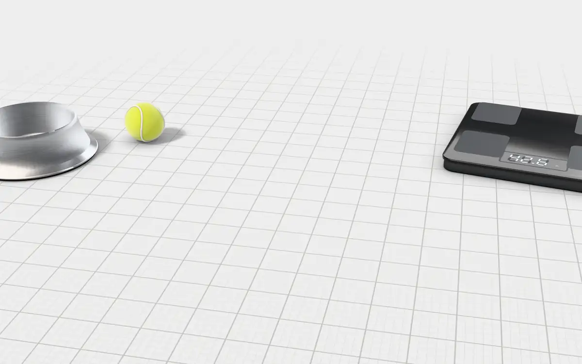 Illustration of the 5 dog flea and tick treatments to scale, next to a digital floor scale, a steel dog bowl and a tennis ball for size