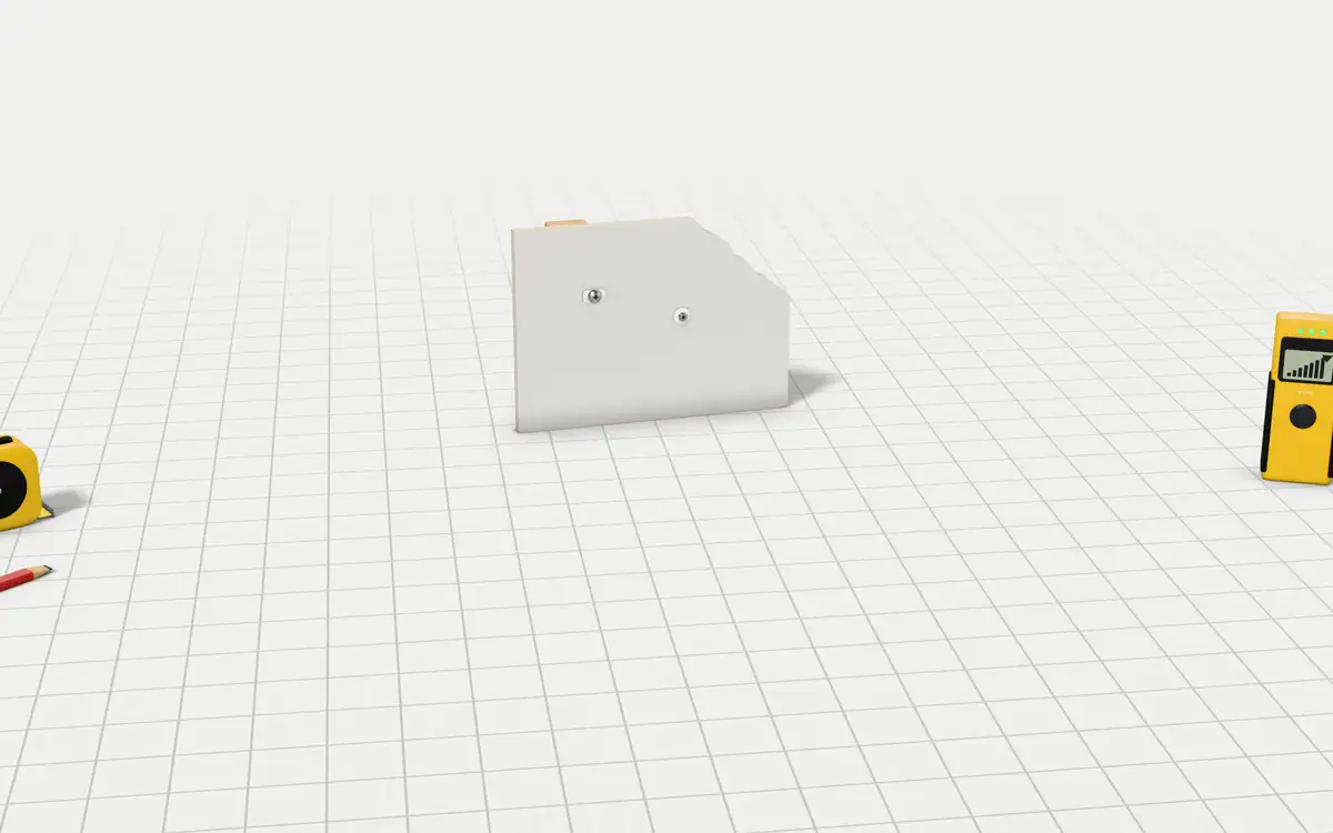 Illustration of the 5 drywall anchors in their retail packs with loose pieces to scale, next to a drywall offcut on two studs, a stud finder, a tape measure and a carpenter's pencil for size