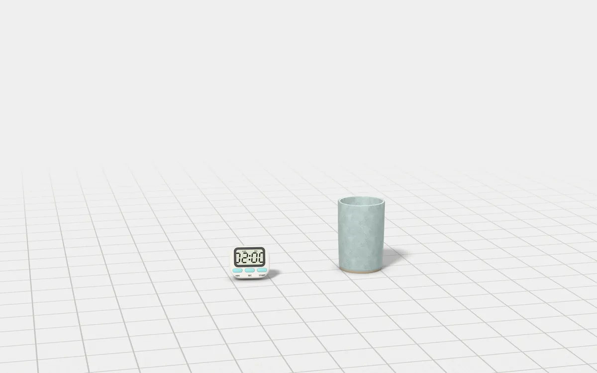 Illustration of the 5 electric toothbrushes to scale, next to a two-minute brushing timer, a rinse cup and a tube of toothpaste for size
