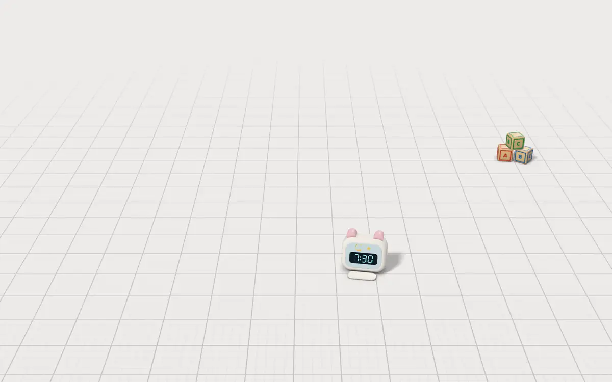 Illustration of the 5 furReal interactive pets to scale, next to a toddler sleep clock and wooden alphabet blocks for size