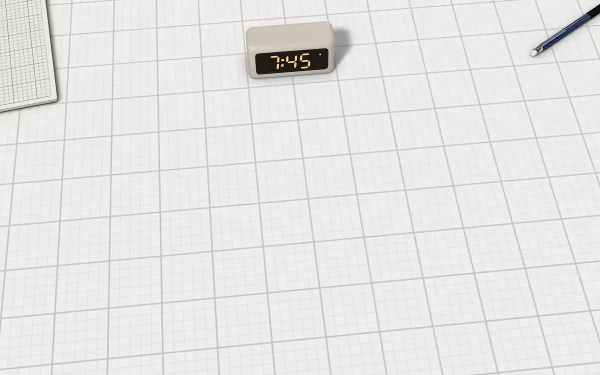 Illustration of the 5 graphing calculators to scale, next to an LED desk clock, a graph-paper pad and a mechanical pencil for size