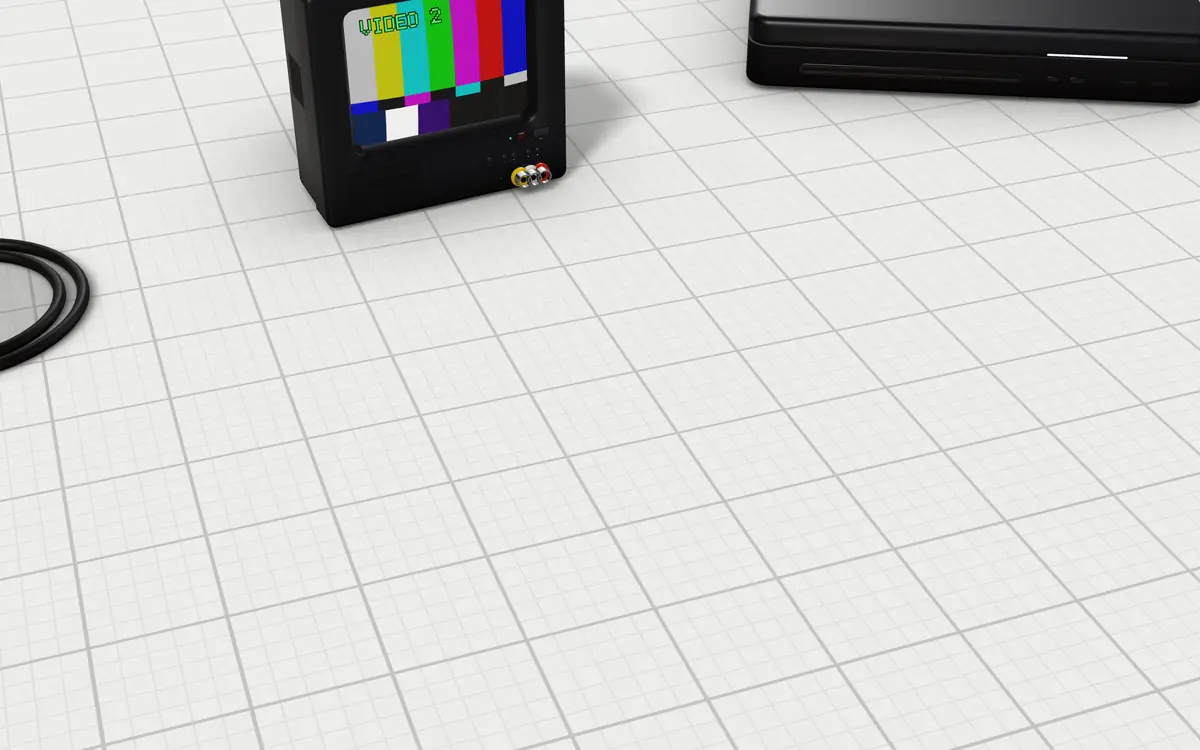 Illustration of the 5 HDMI to component converters to scale, next to a small tube TV on its video input, a game console and a coiled HDMI cable for size