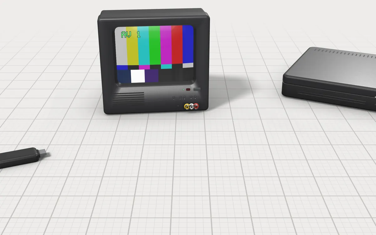 Illustration of the 5 converters to scale, next to a small tube TV, a game console and a streaming stick for size
