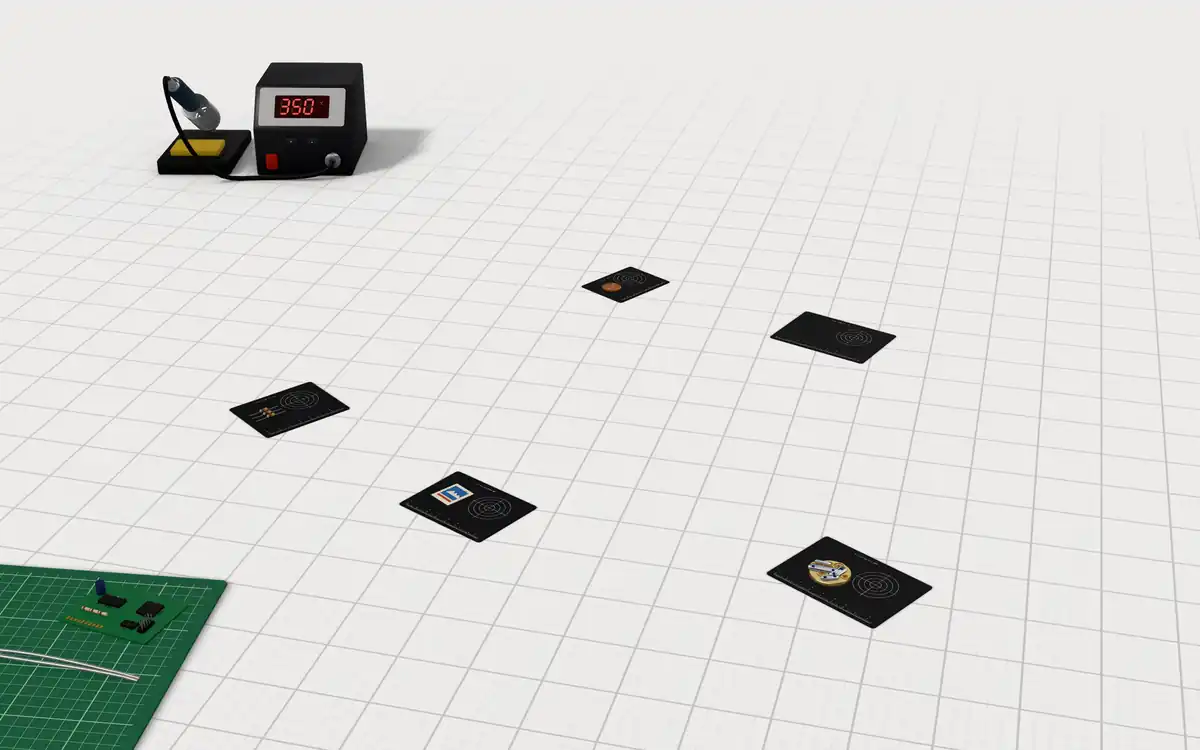 Illustration of the 5 headband magnifiers to scale, next to a soldering station, printed cards, a coin, a stamp and a watch movement under the lenses, and a circuit board on a cutting mat for size