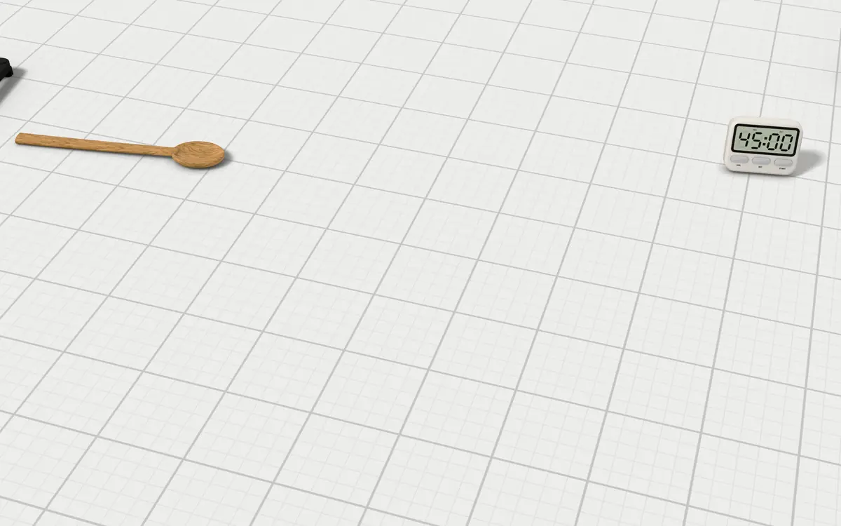 Illustration of the 5 heat diffusers to scale, next to a gas burner grate, a kitchen timer, a wooden spoon and a milk pan for size