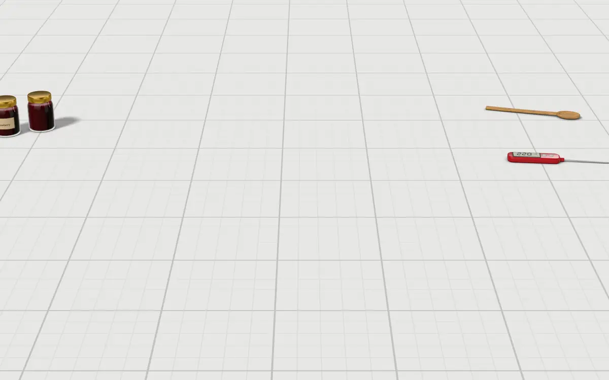 Illustration of the 5 jam pans to scale, next to a digital jam thermometer, jars of strawberry jam and a wooden spoon for size