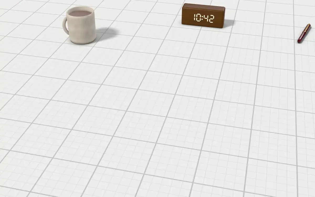 Illustration of the 5 locking journals to scale, next to a wooden LED desk clock, a mug of tea and a fountain pen for size