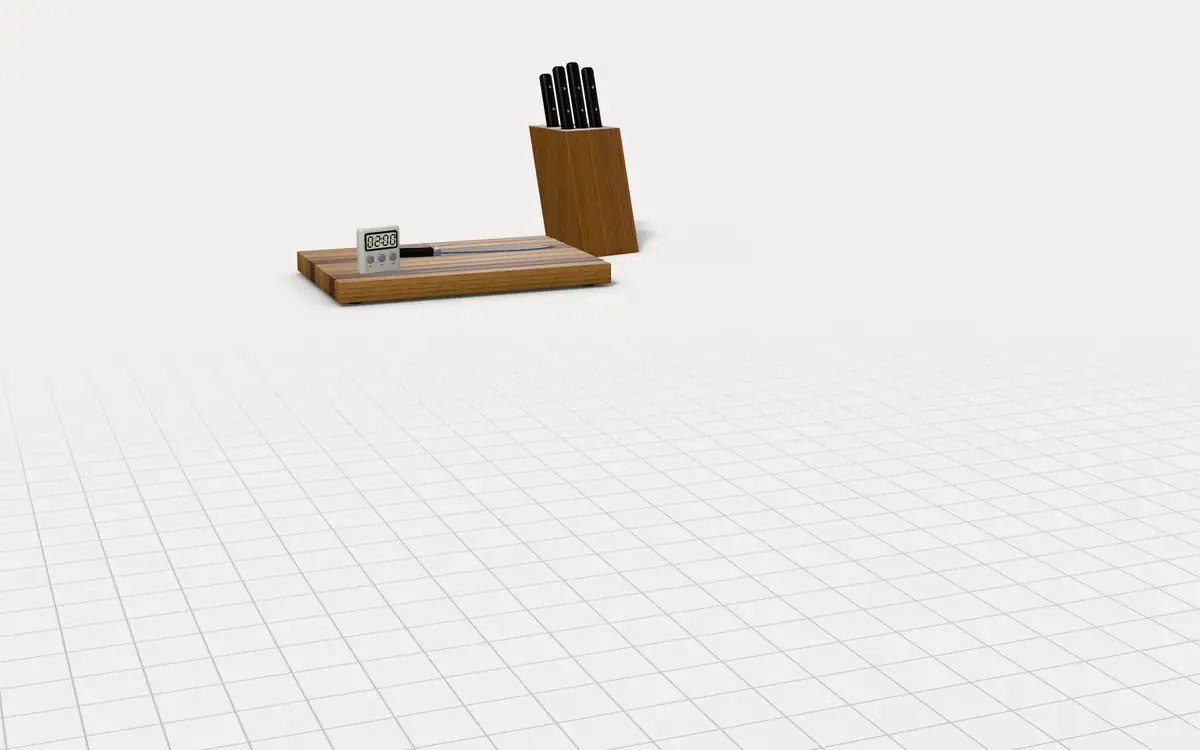 Illustration of the 5 knife sharpeners to scale, next to a cutting board with a chef's knife, a kitchen timer and a knife block for size