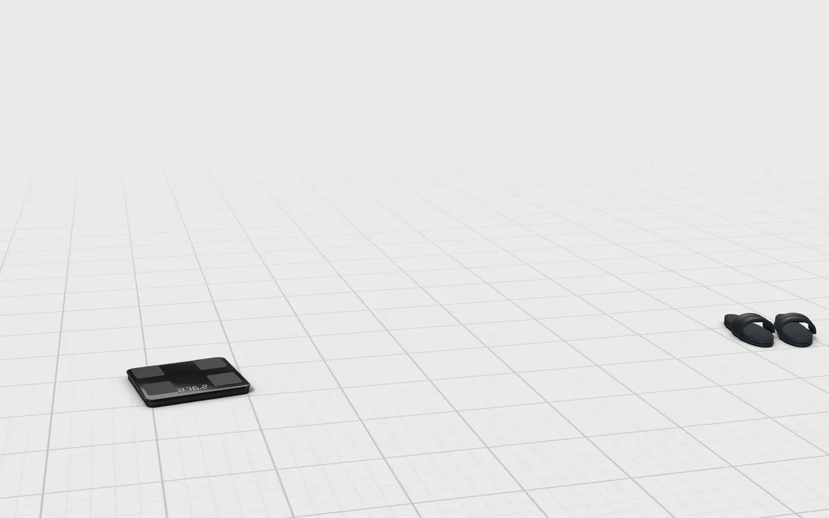 Illustration of the 5 men's bath wraps to scale, next to a digital bathroom scale and a pair of shower slides for size