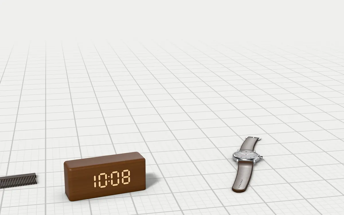 Illustration of the 5 men's cologne bottles to scale, next to a walnut LED clock, a wristwatch and a pocket comb for size
