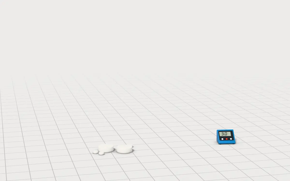 Illustration of the 5 pool chlorine tablet tubs, pails and a bottle to scale, next to a digital water tester, loose chlorine tablets and a floating chlorine dispenser for size