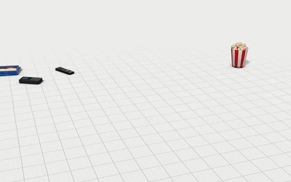 Illustration of the 5 portable Blu-ray players to scale, next to a stack of Blu-ray cases, a popcorn bucket, a power bank and a remote for size