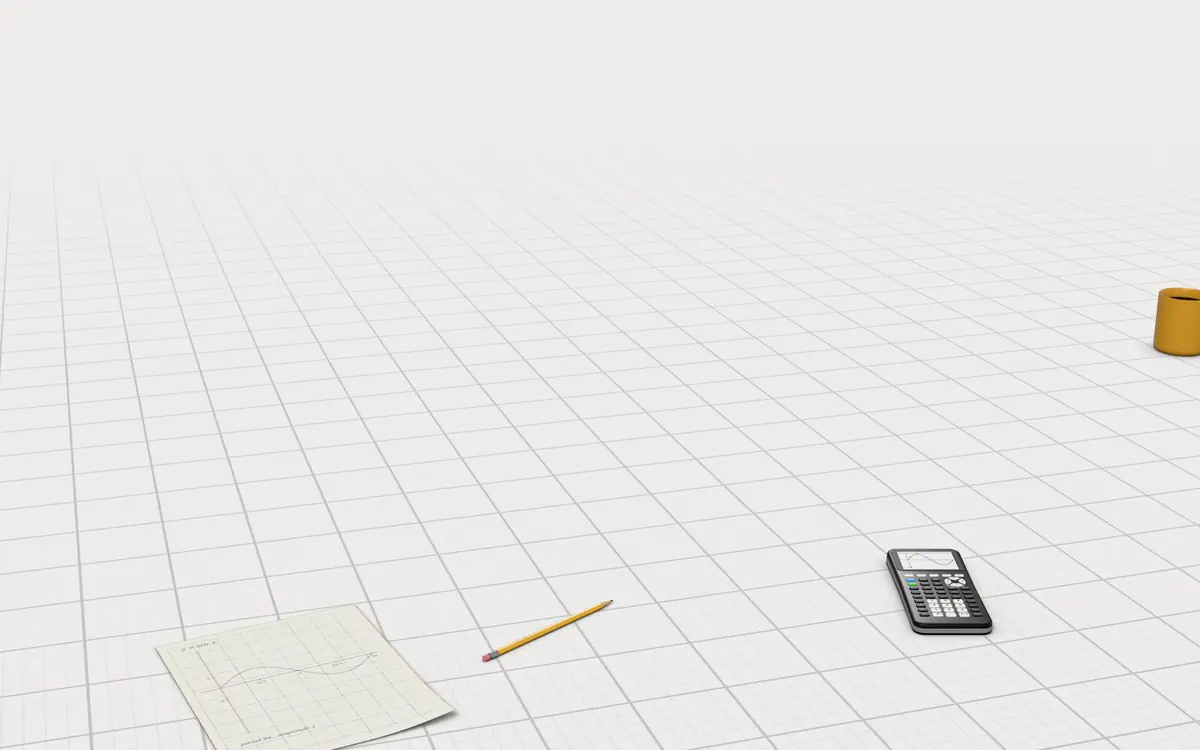 Illustration of the 5 precalculus textbooks to scale, next to a graphing calculator, graph paper, a pencil and a mug for size