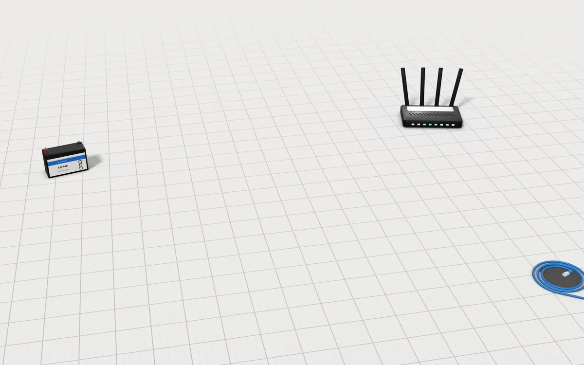 Illustration of the 5 rack-mount UPS battery backups to scale, next to a Wi-Fi router, a 12 V replacement battery and a network patch cable for size