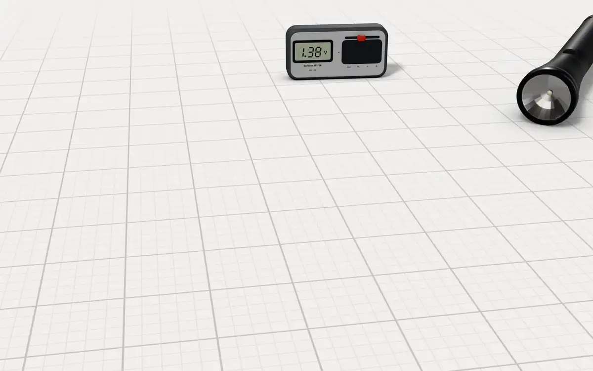 Illustration of the 5 rechargeable C batteries to scale, next to a digital battery tester and a C-cell flashlight for size