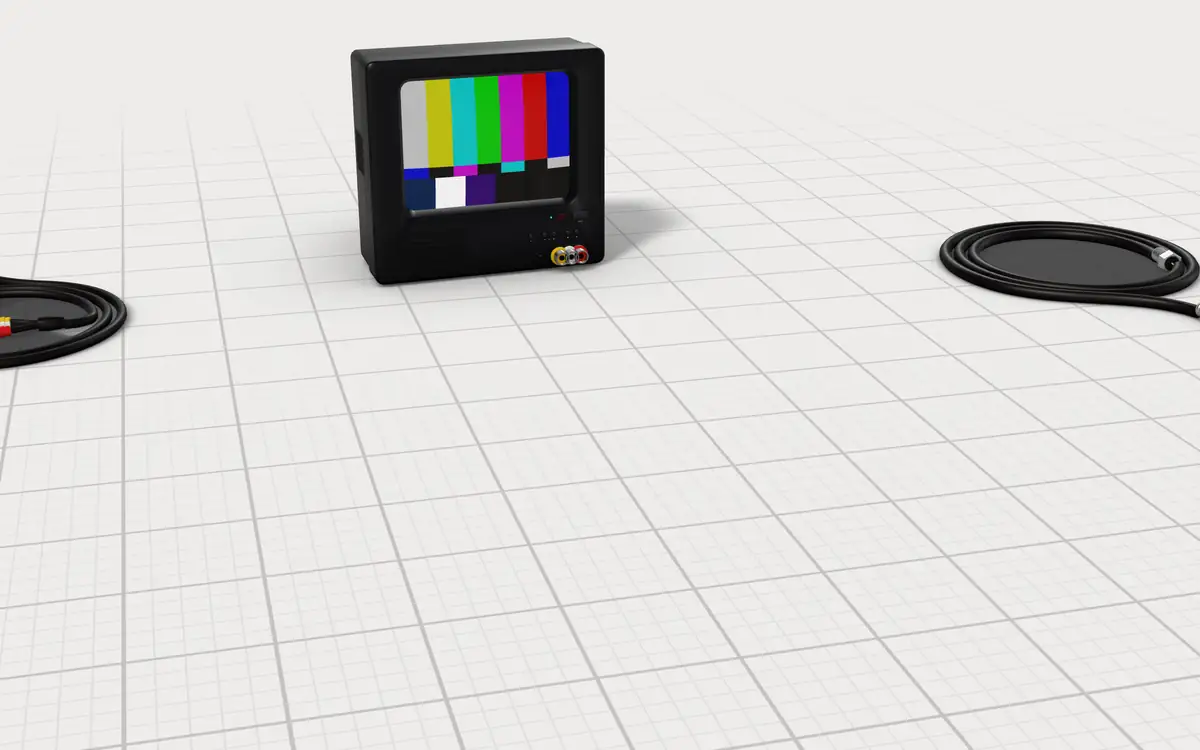 Illustration of the 5 RF modulators to scale, next to a small tube TV, a composite AV cable and a coax cable for size