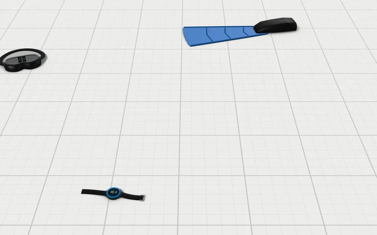 Illustration of the 5 sea scooters to scale, next to a dive computer, a dive mask and a swim fin for size