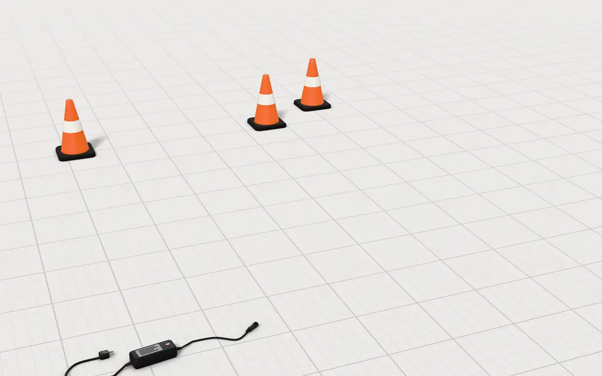 Illustration of the 5 self-balancing scooters to scale, next to a hoverboard charger with a blinking charge light and slalom cones for size