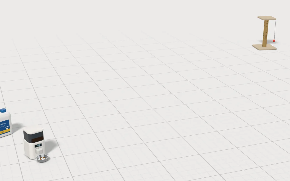 Illustration of the 5 self-cleaning litter boxes to scale, next to an automatic pet feeder, a jug of litter and a scratching post for size