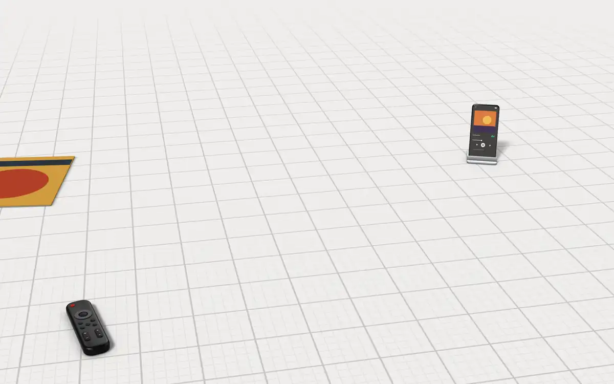 Illustration of the 5 Sonos speakers to scale, next to a phone playing music, a vinyl record and a TV remote for size
