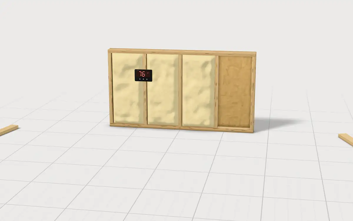 Illustration of the 5 spray foam insulation kits to scale, next to a framed stud wall half filled with cured spray foam, a jobsite digital thermometer and 2x4 offcuts for size