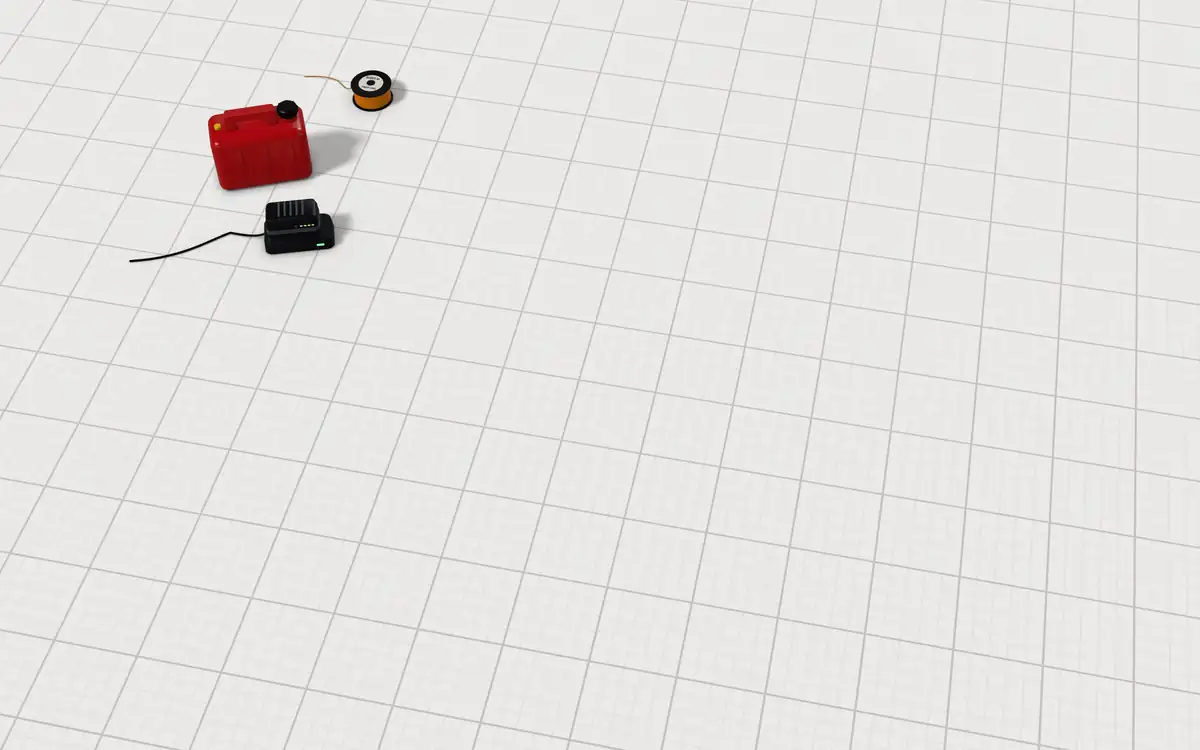 Illustration of the 5 five string trimmers lying side by side to scale, next to a battery on its charger, a spool of trimmer line and a red fuel can for size