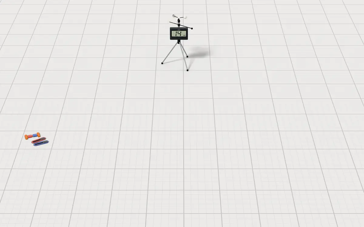 Illustration of the 5 stunt kites to scale, next to a tripod wind meter with a big-digit display and a dual-line winder with wrist straps for size