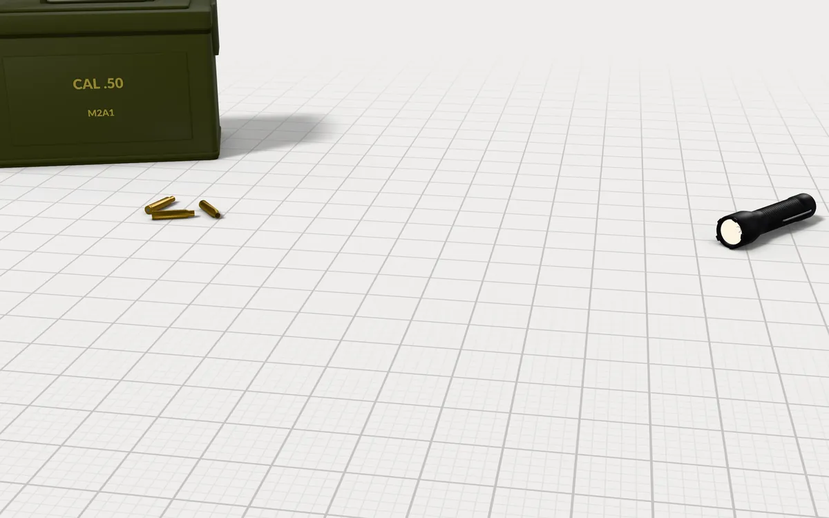Illustration of the 5 tactical sunglasses to scale, next to an ammo can, a tactical flashlight and spent brass cases for size