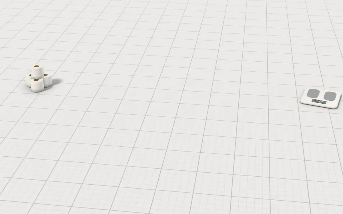Illustration of the 5 raised toilet seats and toilet seat risers to scale, next to a digital bathroom scale with a blinking readout and a stack of toilet paper rolls for size