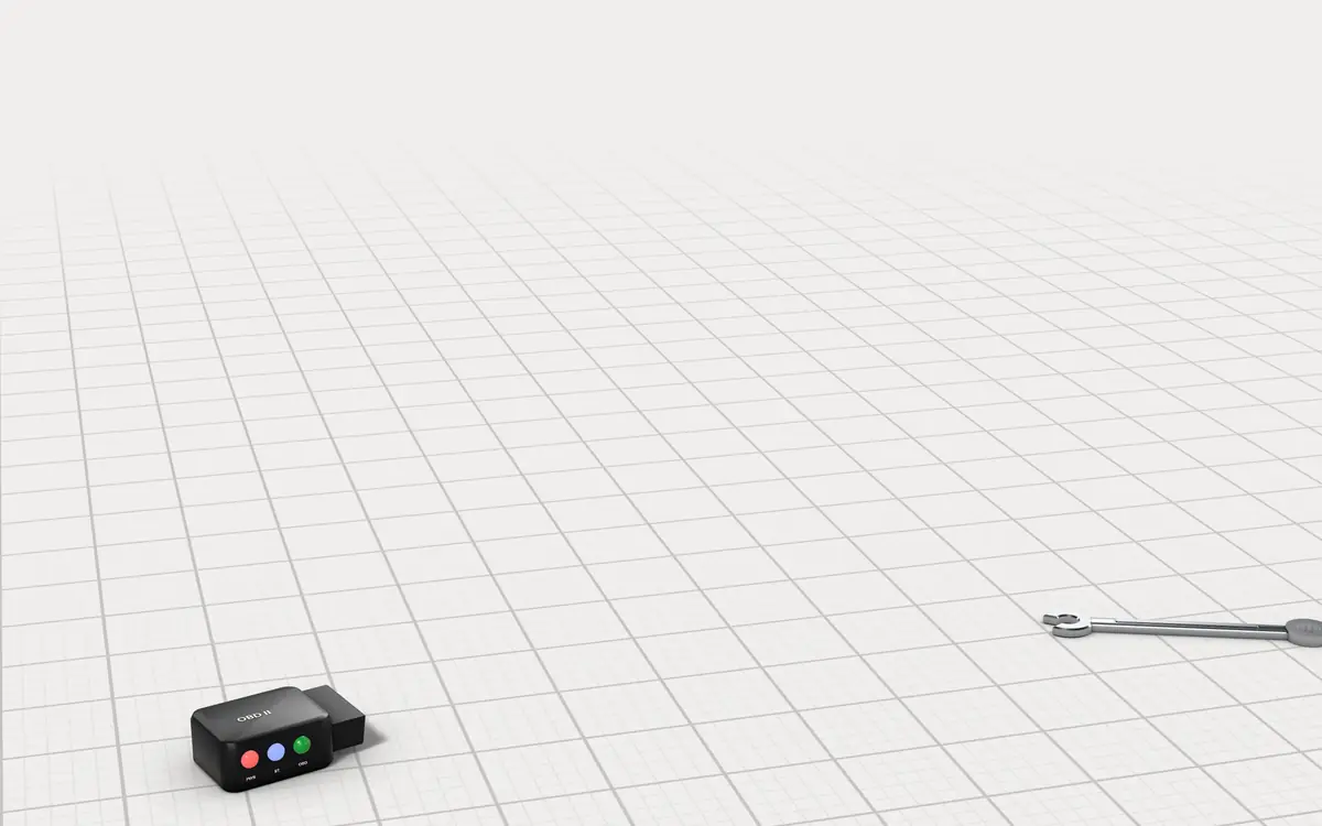 Illustration of the 5 transmission additive bottles, cartons and a tube to scale, next to an OBD2 adapter and a wrench for size