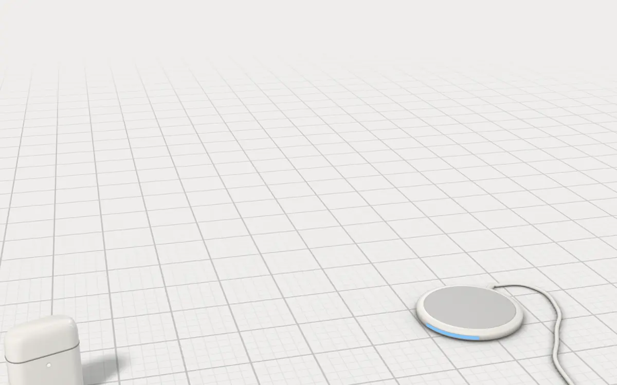 Illustration of the 5 unlocked phones to scale, next to a wireless charging pad with a blinking status light and an earbuds case for size
