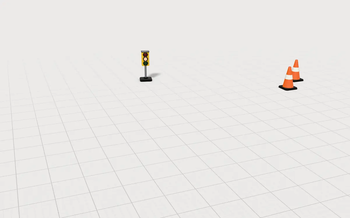 Illustration of the 5 wiggle riders to scale, next to a toy traffic light with a blinking amber lamp and slalom cones for size