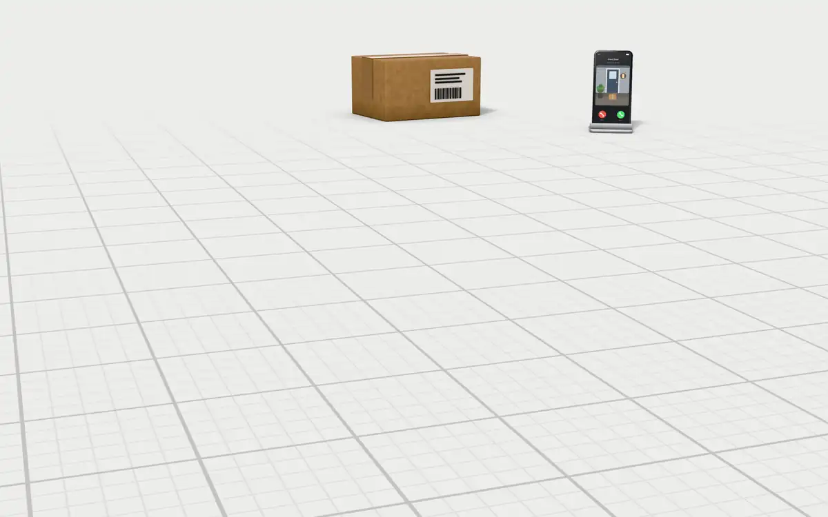 Illustration of the 5 wireless video doorbells to scale, next to a phone showing a doorbell call and a shipping box for size