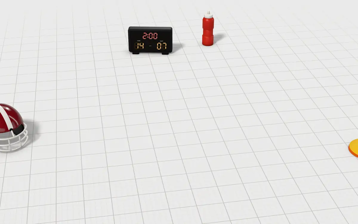 Illustration of the 5 youth football shoulder pads to scale, next to a youth football helmet, a tabletop scoreboard, a squeeze bottle, practice disc cones and a coach's stopwatch for size